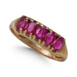 9CT YELLOW GOLD OVAL CUT FIVE STONE RUBY RING.