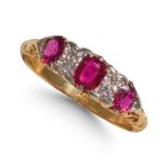 VICTORIAN THREE STONE RUBY AND DIAMOND RING.