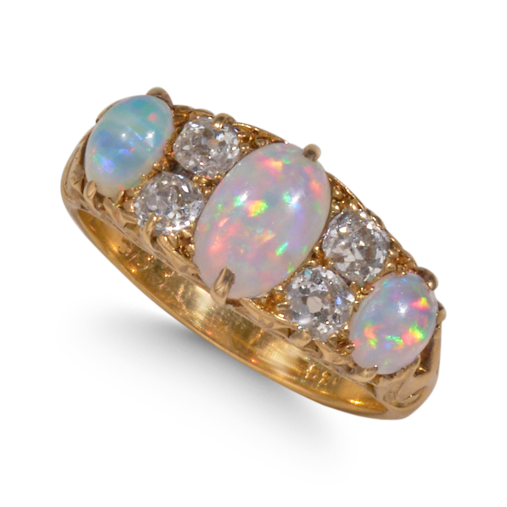 VICTORIAN OPAL AND OLD CUT DIAMOND RING.