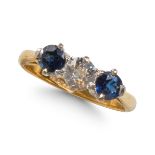 SAPPHIRE AND DIAMOND THREE STONE RING.