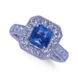 SAPPHIRE AND DIAMOND, PLATINUM CLUSTER RING.