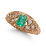9CT YELLOW GOLD, EMERALD AND ROSE CUT DIAMONDS RING.