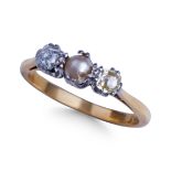 PEARL AND OLD MINE CUT DIAMOND THREE STONE RING.