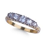 18CT YELLOW GOLD, FIVE STONE DIAMOND RING.