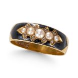 AN ANTIQUE VICTORIAN PEARL, ROSE CUT DIAMOND AND BLLACK ENAMEL RING, IN 15CT YELLOW GOLD.