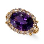 AN AMETHYST AND ROSE CUT DIAMONDS CLUSTER RING.