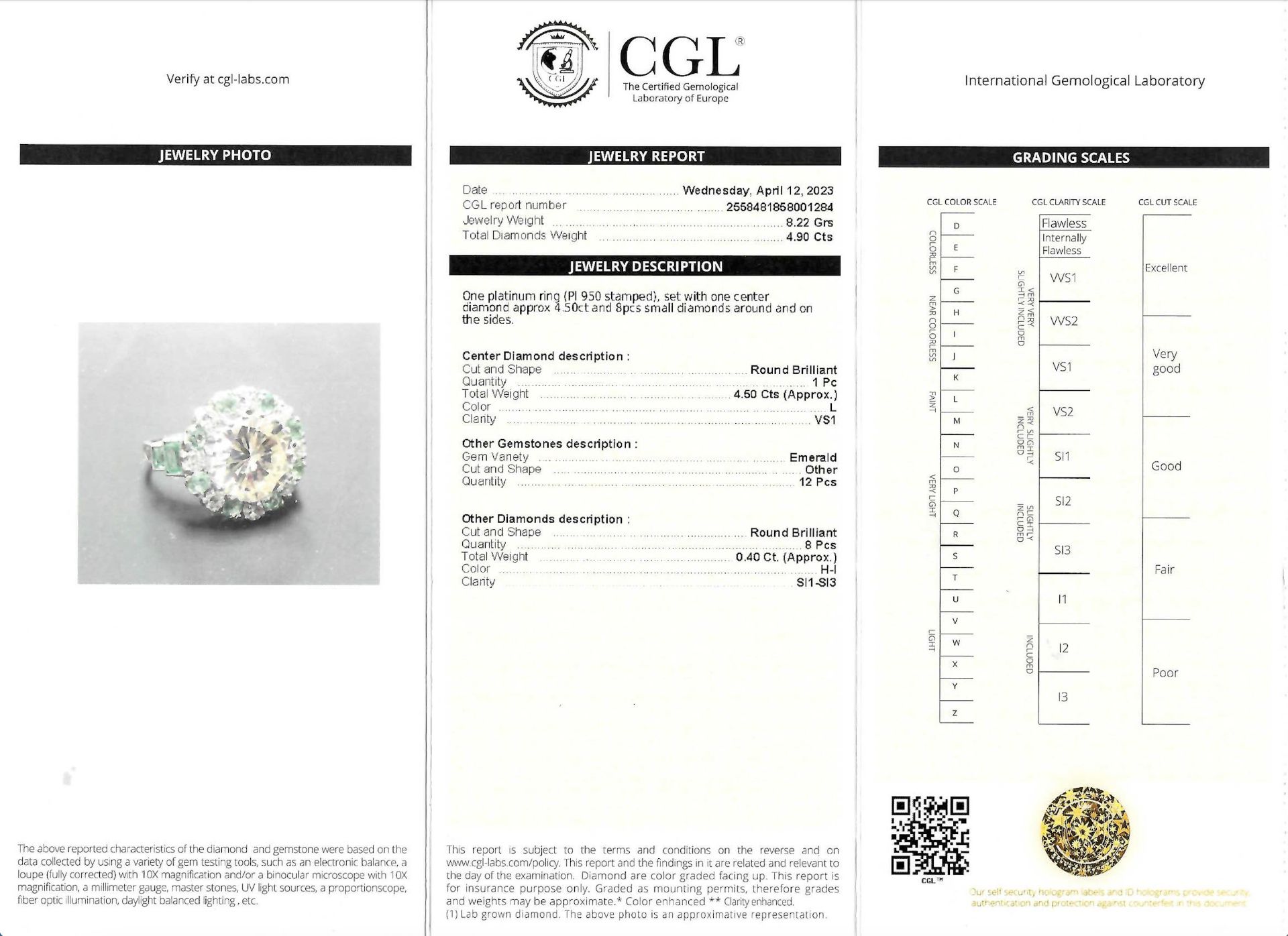 AN IMPORTANT ROUND BRILLIANT DIAMOND AND EMERALDS CLUSTER RING IN PLATINUM MOUNT. - Image 3 of 3