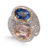 AN IMPORTANT BLUE SAPPHIRE, PINK SAPPHIRE AND DIAMOND CROSSOVER RING.