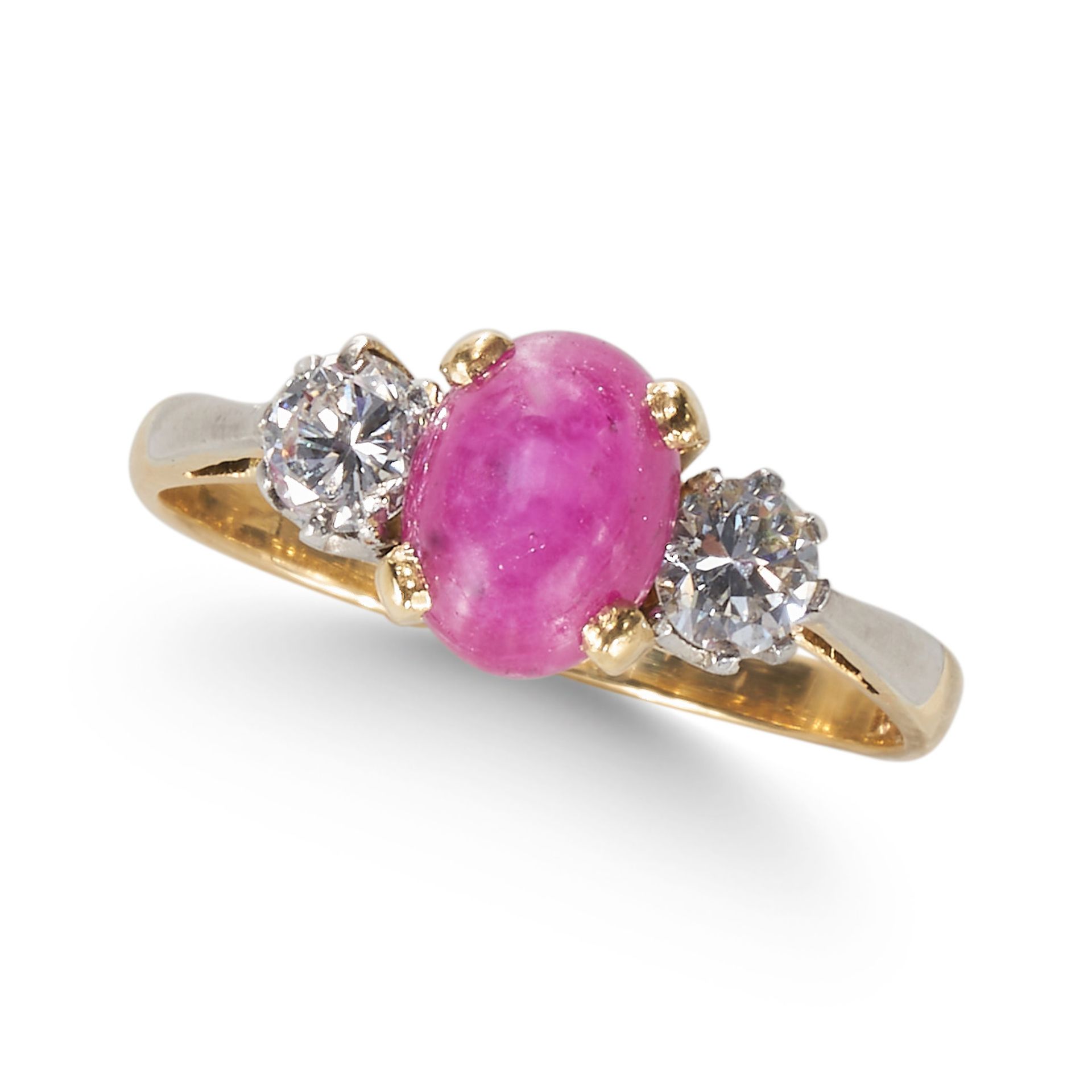 A BURMA NO HEAT CABOCHON RUBY AND DIAMOND THREE STONE RING, IN 18CT YELLOW GOLD.