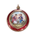 A SILVER GILT RED ENAMEL BOX PENDANT.