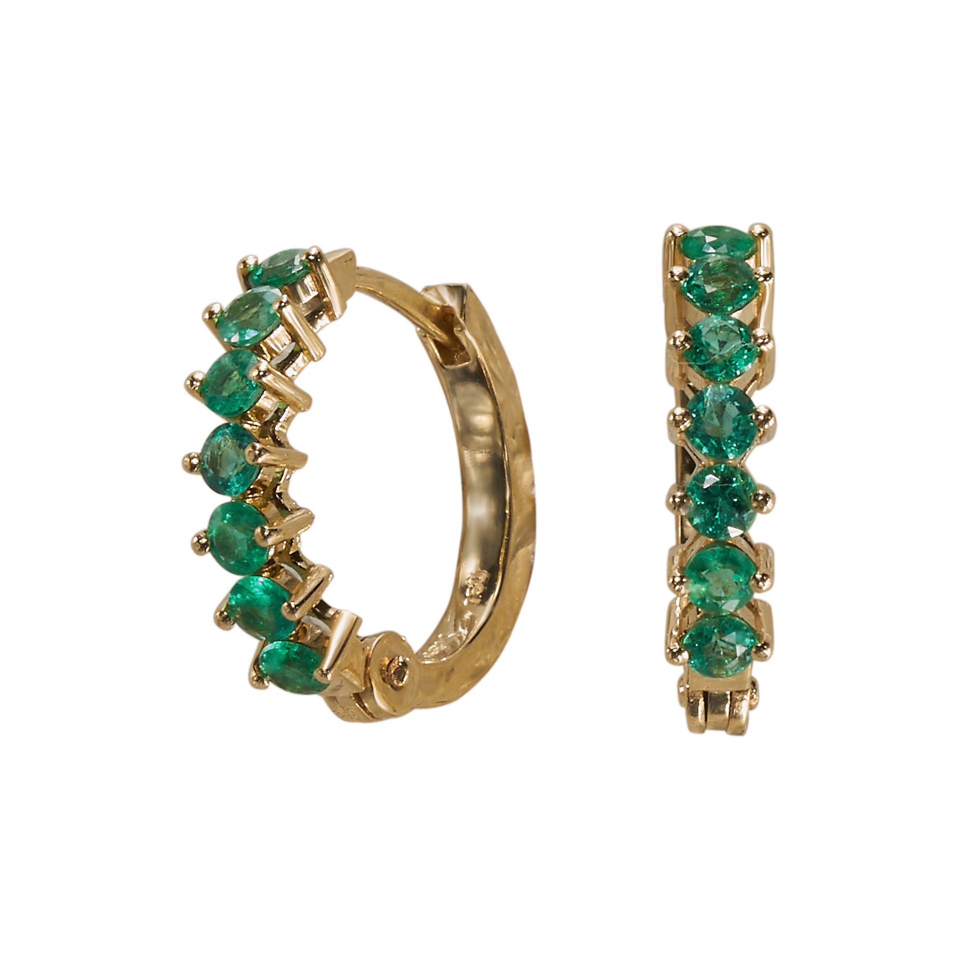 AN EMERALD HOOP EARRINGS IN 18CT YELLOW GOLD. - Image 2 of 2