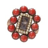 AN ANTIQUE CORAL AND PEARL MOURNING RING.