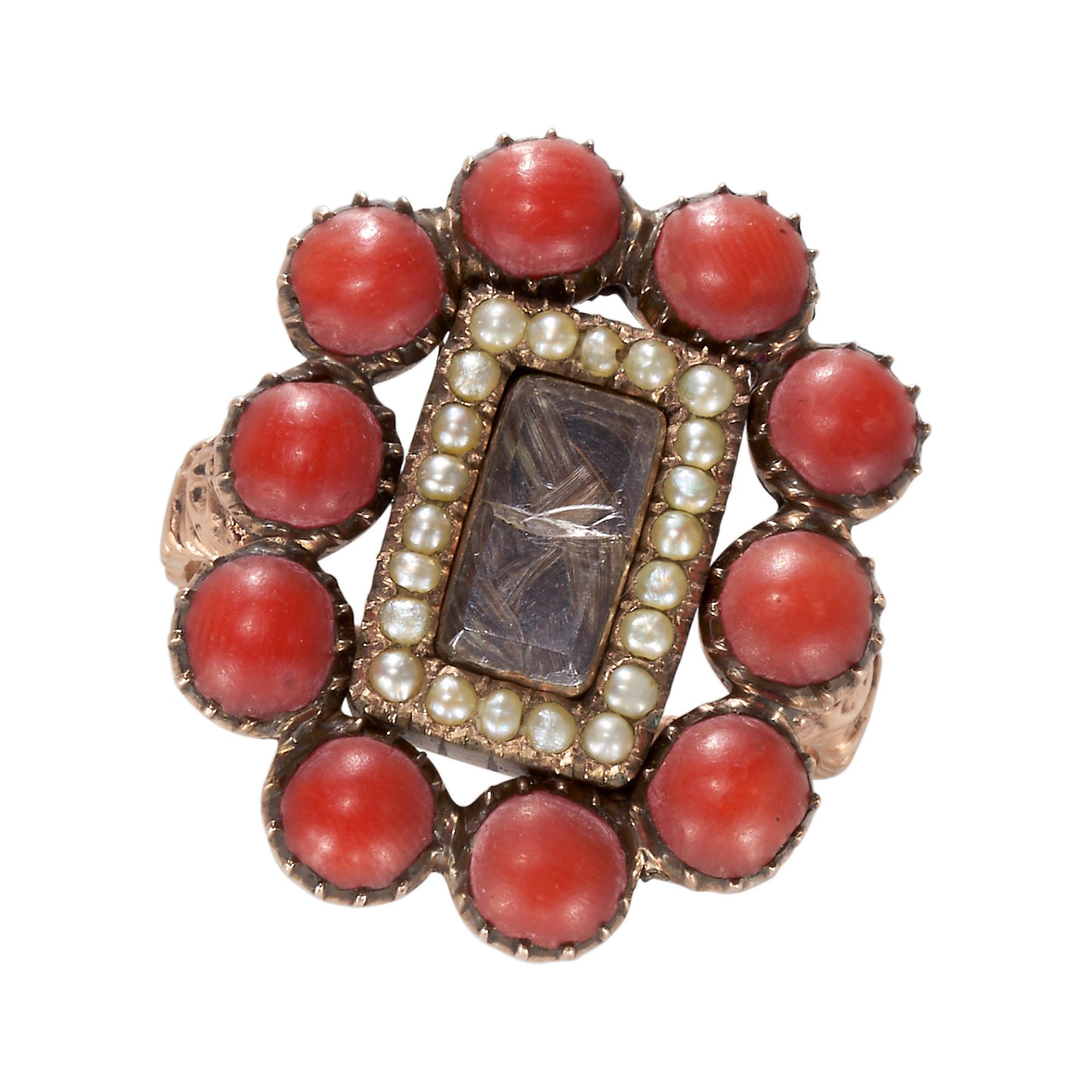 AN ANTIQUE CORAL AND PEARL MOURNING RING.