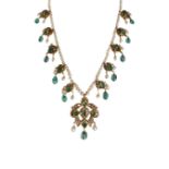 A NATURAL PEARLS, EMERALDS AND ROSE CUT DIAMOND NECKLACE.