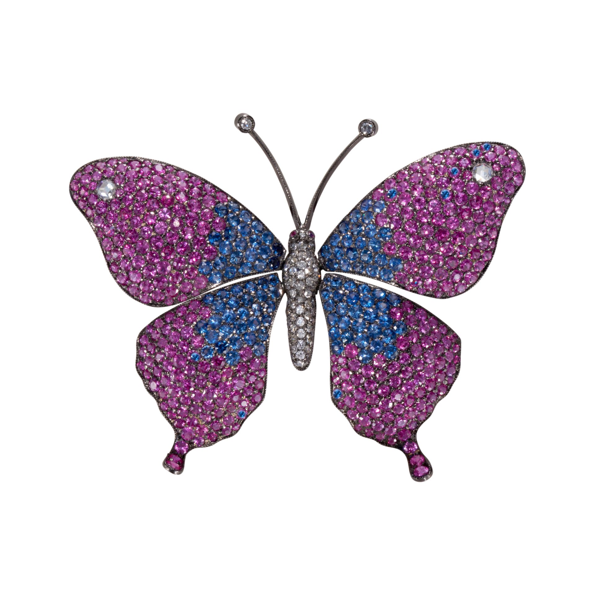 A BEAUTIFUL PINK SAPPHIRES, BLUE SAPPHIRE AND DIAMOND BUTTERFLY BROOCH.