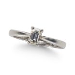 AN EMERALD CUT SOLITAIRE DIAMOND RING, IN PLATINUM MOUNT.