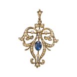 AN ANTIQUE SAPPHIRE AND SEED PEARL PENDANT BROOCH.