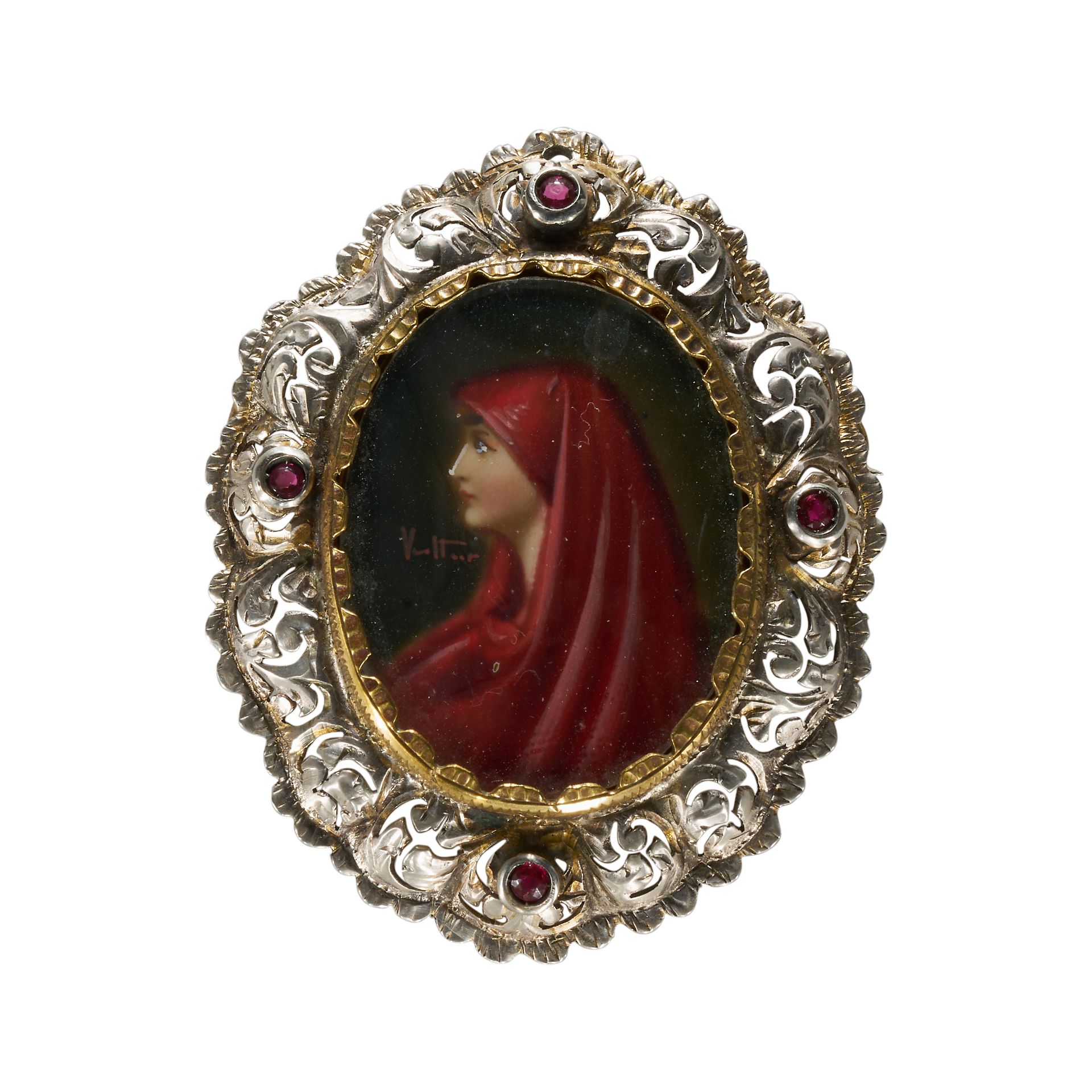 A YELLOW AND WHITE METAL PORTRAIT BROOCH.