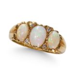 AN OPAL AND DIAMOND SEVEN STONE RING, IN 18CT YELLOW GOLD.