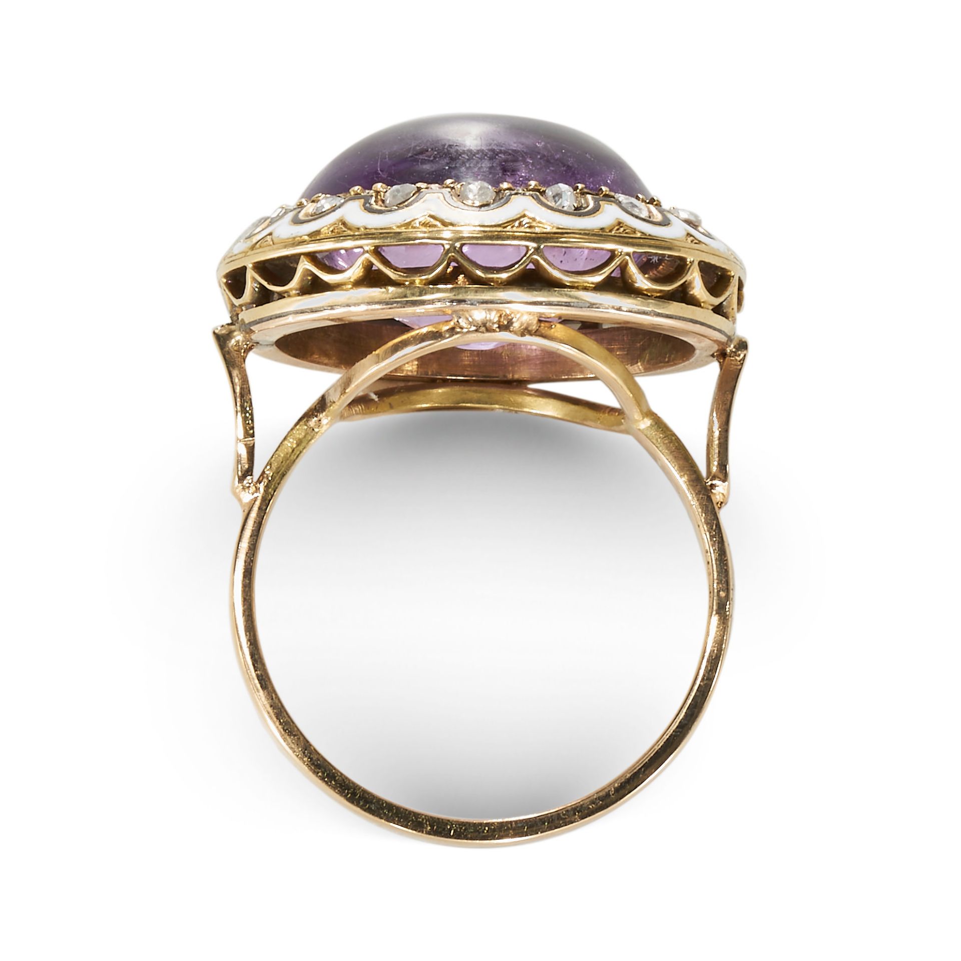 AN AMETHYST AND ROSE CUT DIAMONDS ENAMEL RING. - Image 2 of 2