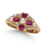 AN ANTIQUE VICTORIAN RUBY, DIAMOND AND PEARL RING, IN 18CT YELLOW GOLD.