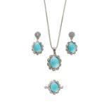 A TURQUOISE AND DIAMOND CLUSTER PENDANT, EARRINGS AND RING IN 18CT WHITE GOLD.