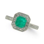 AN EMERALD AND DIAMOND CLUSTER RING, SET IN PLATINUM MOUNT.