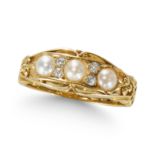 AN ANTIQUE VICTORIAN PEARL AND DIAMOND SEVEN STONE RING, IN 18CT YELLOW GOLD.