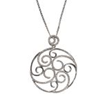 AN18CT WHITE GOLD AND DIAMOND SET FANCY DESIGN PENDANT NECKLACE.