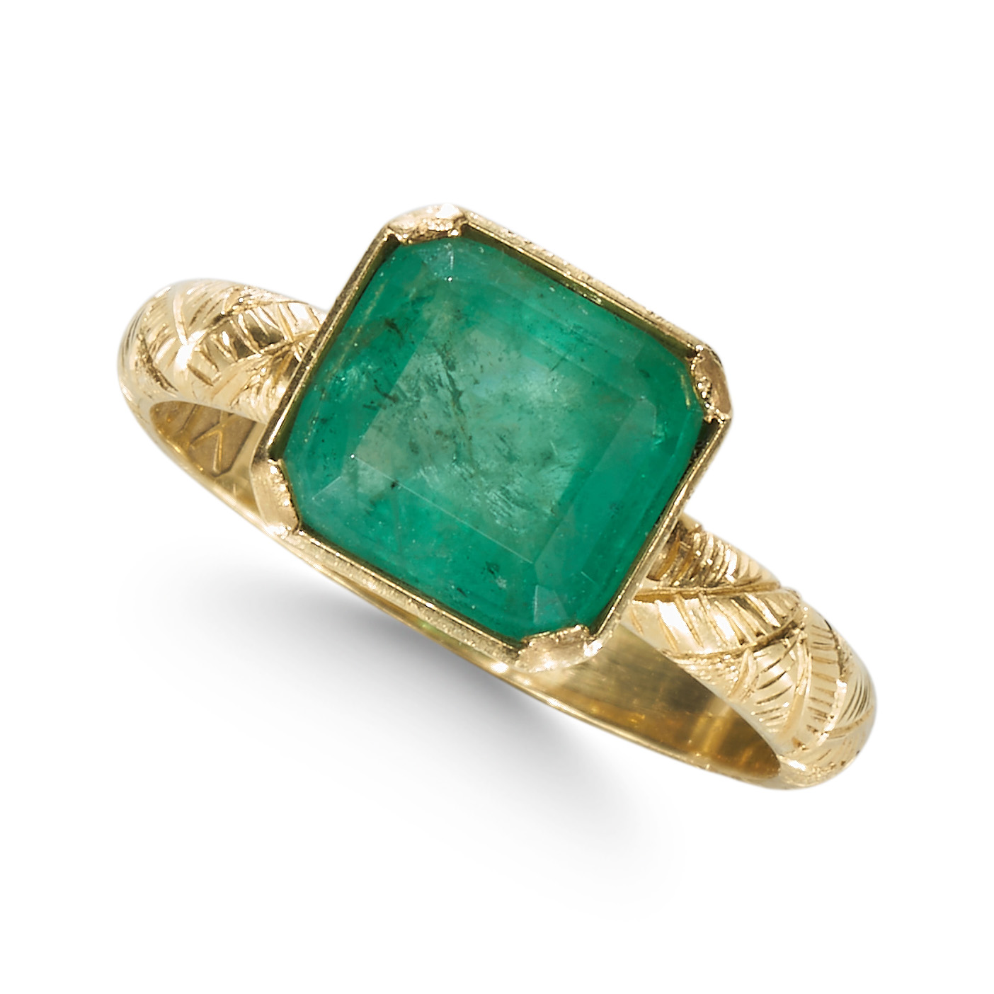 AN EMERALD, SET IN 18CT YELLOW GOLD RING.