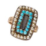 AN ANTIQUE TURQUOISE AND PEARL MOURNING RING.