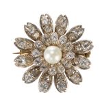 AN ANTIQUE VICTORIAN PEARL AND DIAMOND FLOWER BROOCH.