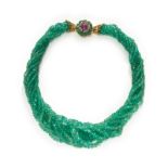 AN IMPRESSIVE NINE ROW COLOMBIAN EMERALD BEADS, CABOCHON RUBY AND DIAMOND NECKLACE WITH 18CT...