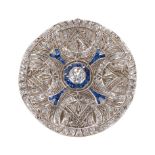 AN ART DECO DIAMOND AND SAPPHIRE BROOCH PENDANT.