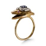 A SNAKE HEAD RING, SET WITH SAPPHIRE, RUBIES AND ROSE CUT DIAMONDS.