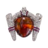 AN IMPRESIVE ART DECO, DIAMOND, RUBY AND CITRINE BROOCH.