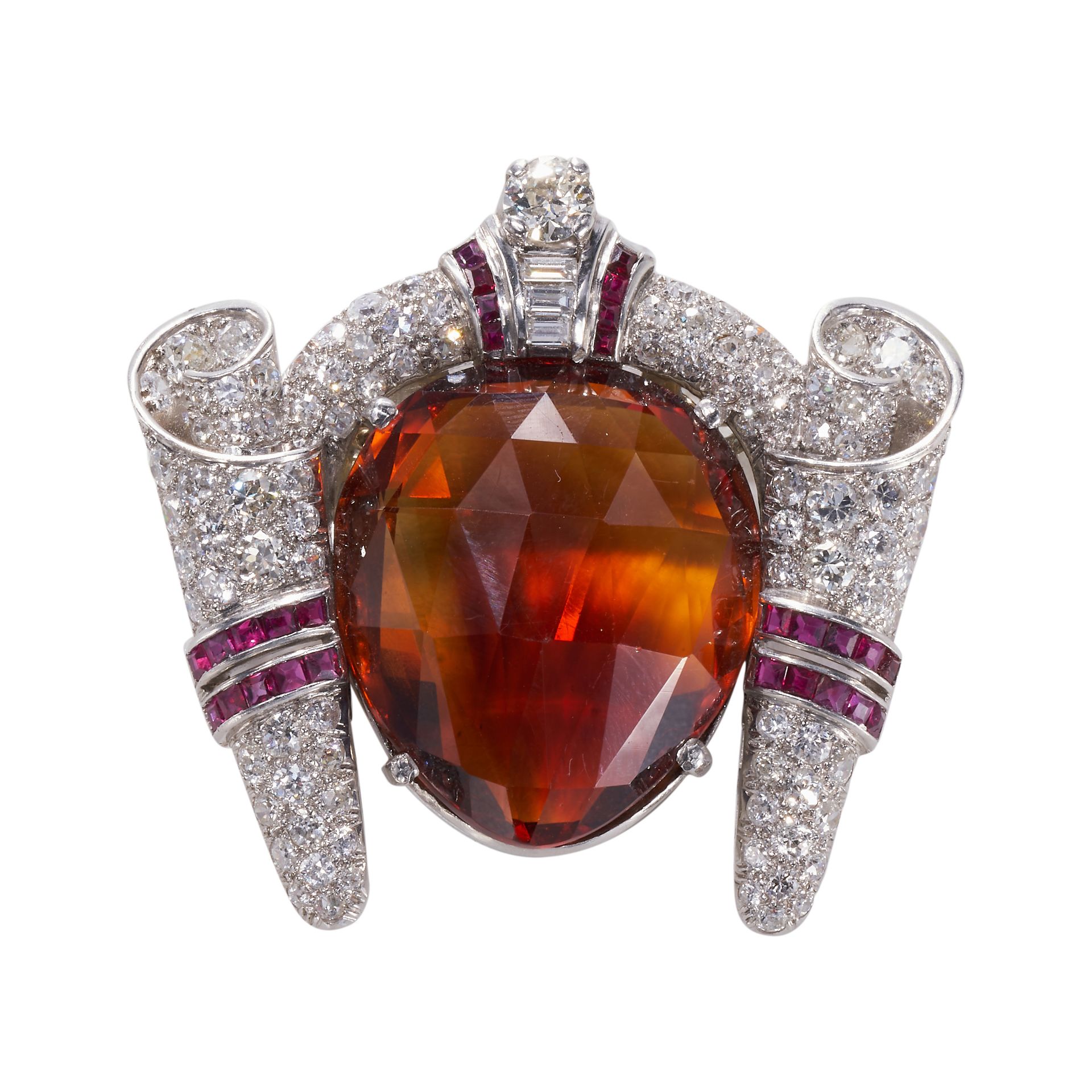 AN IMPRESIVE ART DECO, DIAMOND, RUBY AND CITRINE BROOCH.