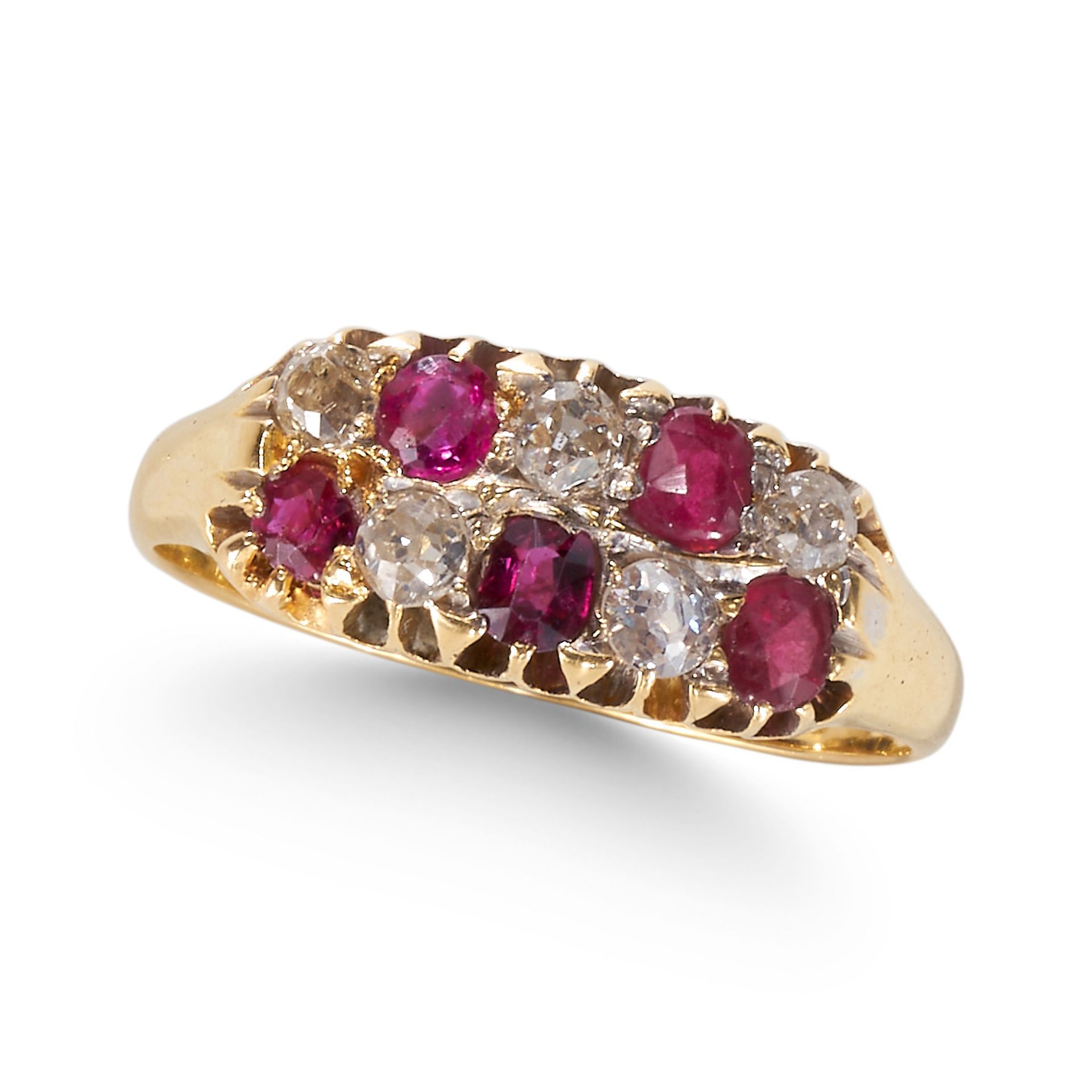 AN ANTIQUE VICTORIAN RUBY AND DIAMOND DOUBLE ROW RING, IN 18CT YELLOW GOLD.