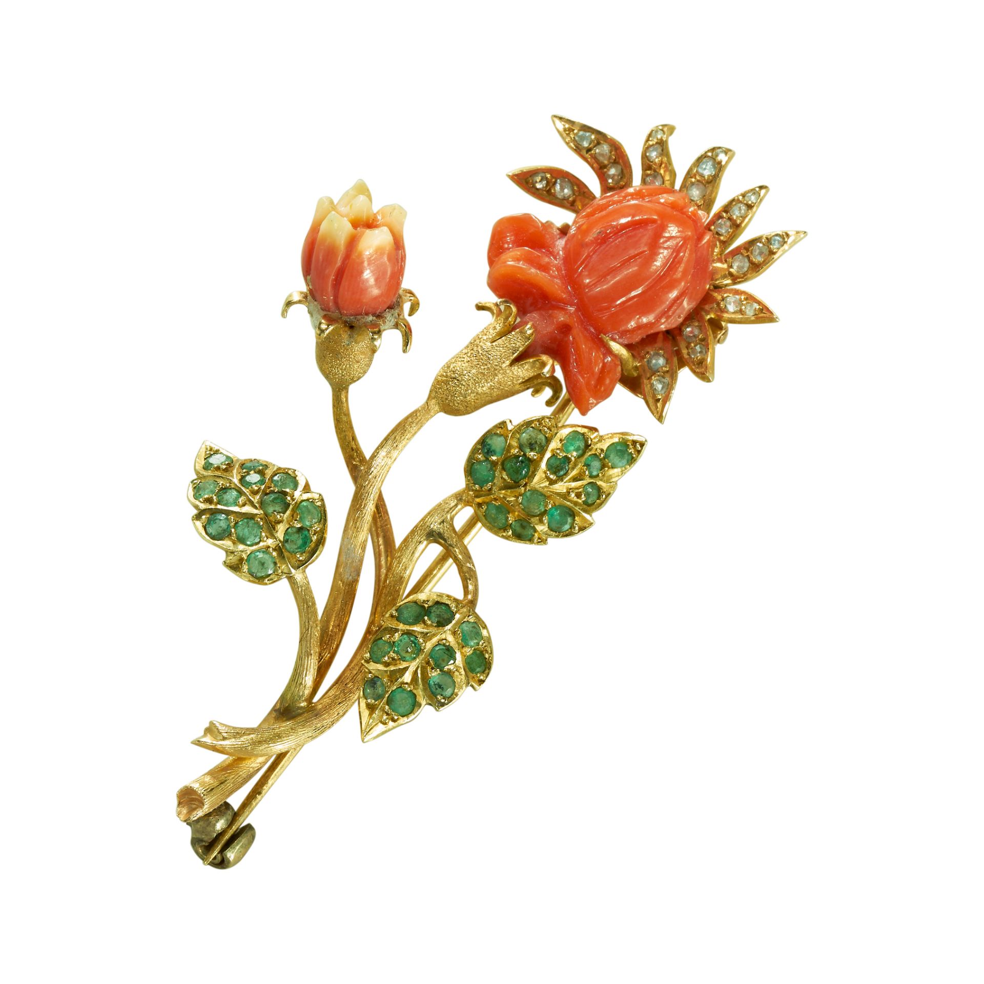 A CARVED CORAL, EMERALD AND ROSE CUT DIAMOND ROSE BROOCH.