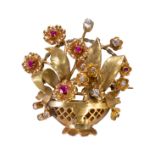 A VINTAGE 18CT YELLOW GOLD, FLOWER BASKET BROOCH SET WITH DIAMONDS.