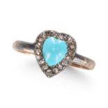 AN ANTIQUE TURQUOISE AND ROSE CUT DIAMONDS RING, IN YELLOW GOLD AND SILVER.