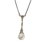 AN EDWARDIAN, NATURAL PEARL AND DIAMOND PENDANT NECKLACE.