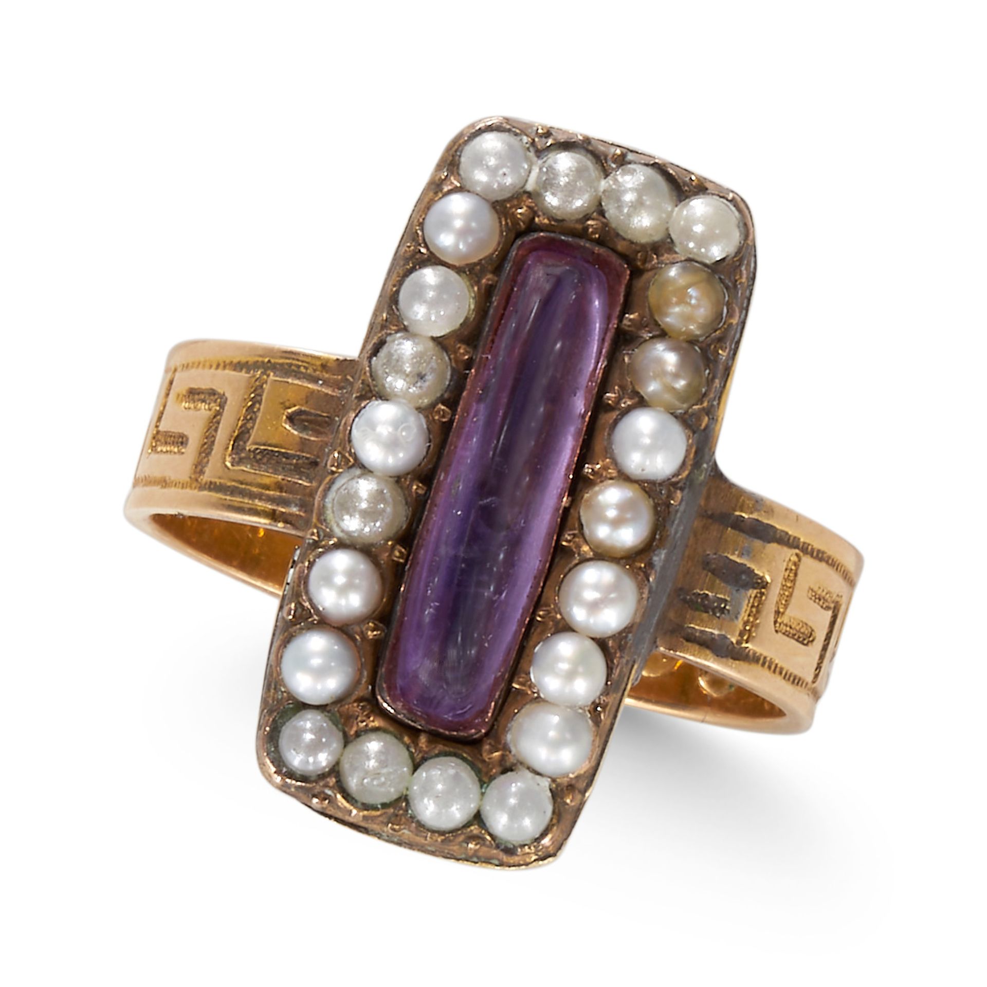 AN ANTIQUE AMETHYST AND PEARL RING.