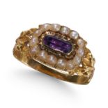 AN ANTIQUE GEORGIAN AMETHYST AND SEED PEARL RING, IN YELLOW GOLD.