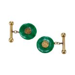 A PAIR OF JADE BI CUFFLINKS, IN YELLOW GOLD.