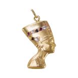 A VINTAGE RUBY, SAPPHIRE AND PASTE NEFERTITI PENDANT, IN YELLOW GOLD.