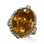 A YELLOW CITRINE AND PEARL RING, IN YELLOW GOLD.