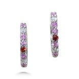 A PINK SAPPHIRE, RUBY AND DIAMOND HOOP EARRINGS, IN 18CT WHITE GOLD.