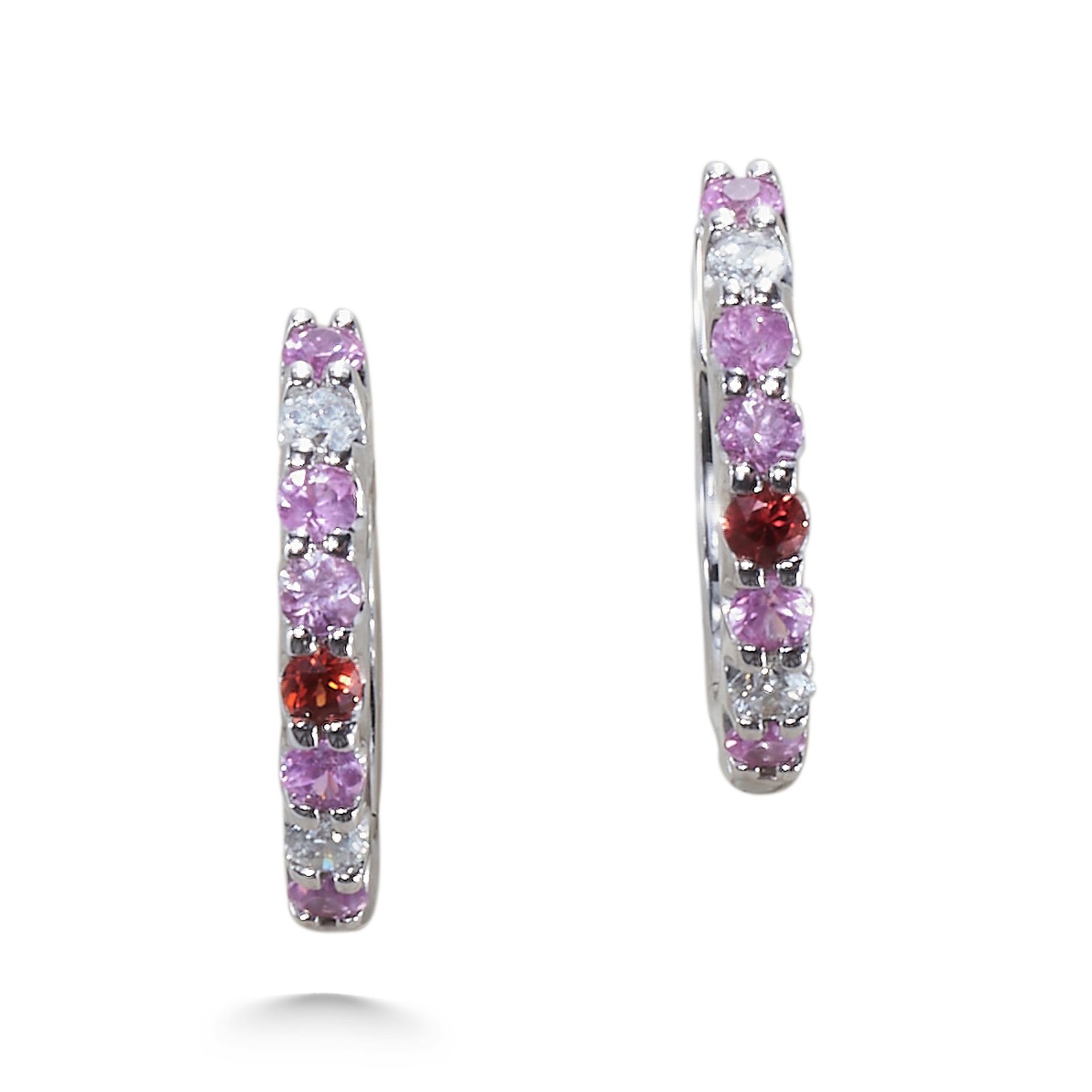 A PINK SAPPHIRE, RUBY AND DIAMOND HOOP EARRINGS, IN 18CT WHITE GOLD.