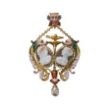 RENAISSANCE REVIVAL, AN ANTIQUE VICTORIAN ENAMEL, CAMEO AND PEARL PENDANT, IN HIGH CARAT...